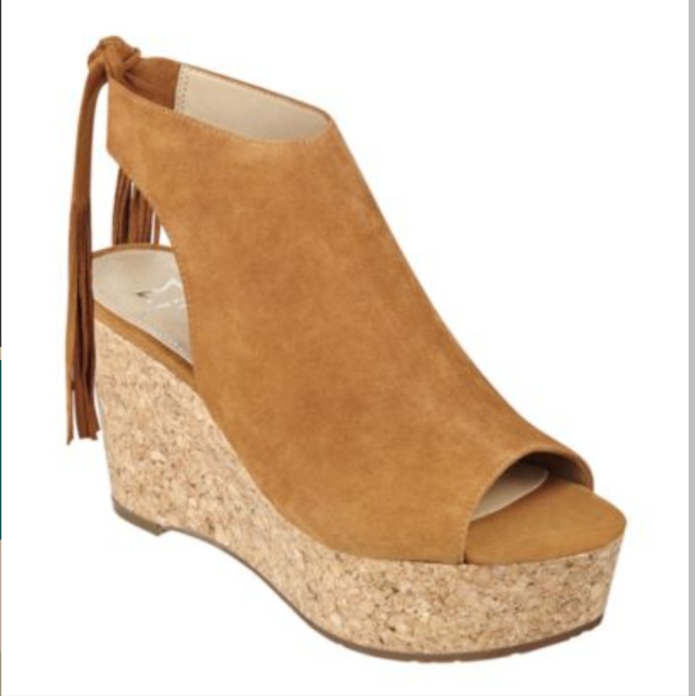 MARC FISHER SueAnn Suede Tassel Platform Wedge Sandals Size 10